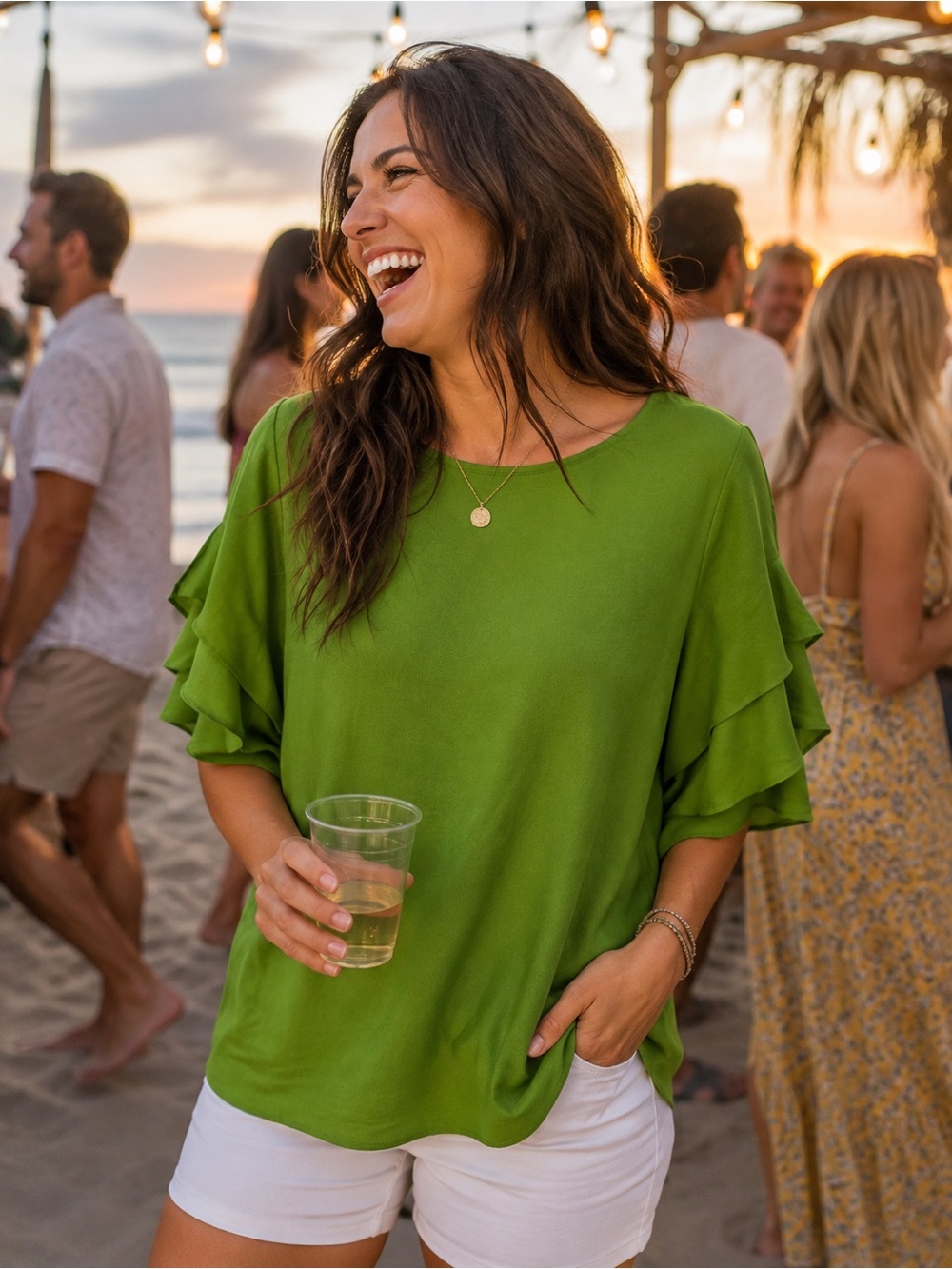 Chico's Green Ruffle Sleeve Top